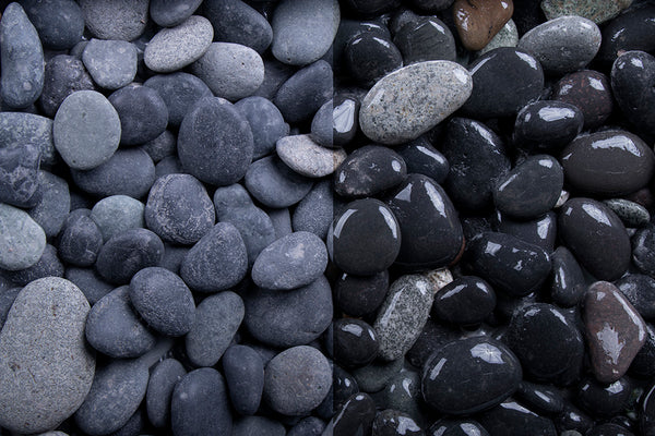 Beach Pebbles 16-32 mm – Nahaufnahme trocken (links) und nass (rechts) im Vergleich