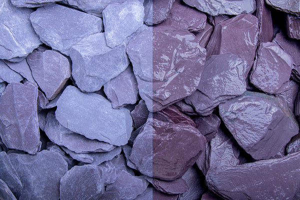 Canadian Slate lila 30-60 mm – Nahaufnahme trocken (links) und nass (rechts) im Vergleich