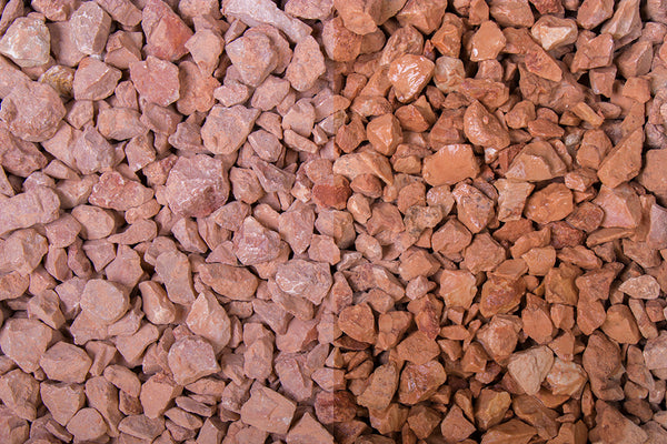 Rosso Verona 8-12 mm – Nahaufnahme trocken (links) und nass (rechts) im Vergleich