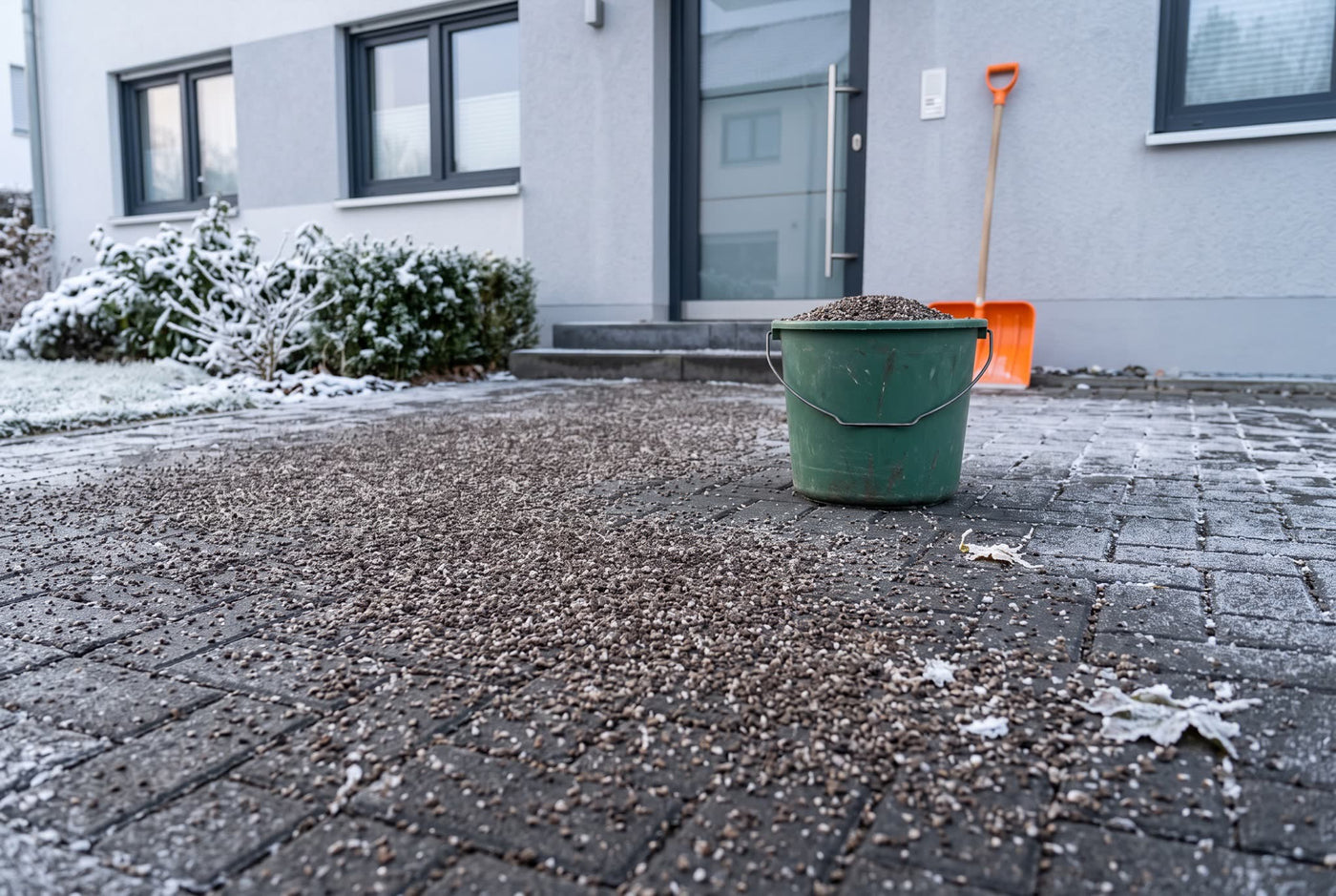 Streusalz-Lava-Gemisch 0-5 mm – Anwendungsbeispiel: gestreut auf der winterlichen Einfahrt