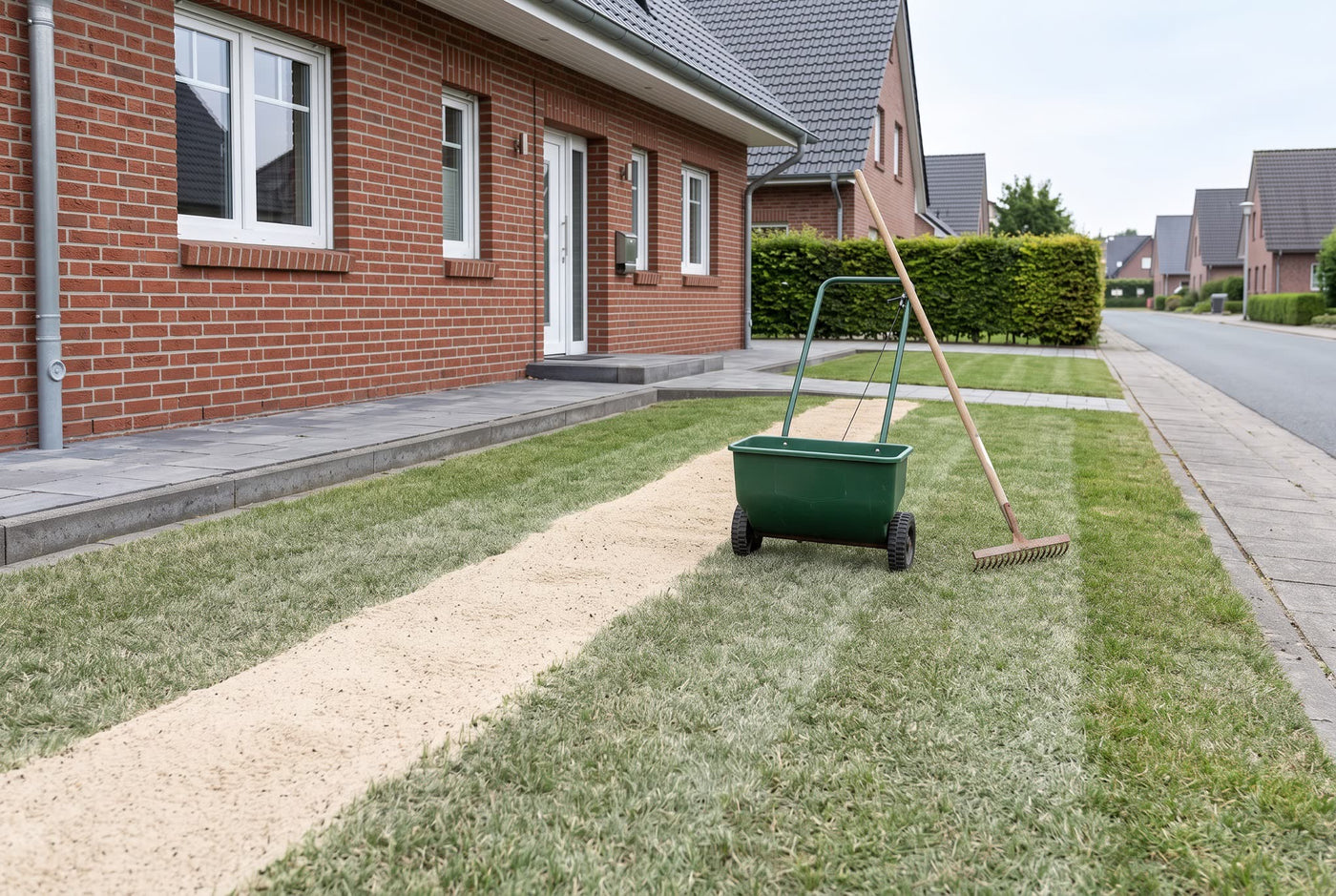 Rasensand trocken – Anwendungsbeispiel: beim Sanden des Rasens