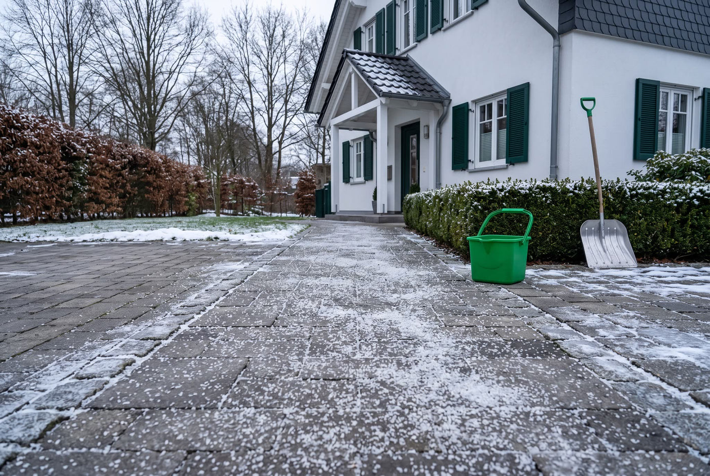 Meersalz 0–5 mm, EN 16811-1 – Anwendungsbeispiel: gestreut auf der winterlichen Einfahrt