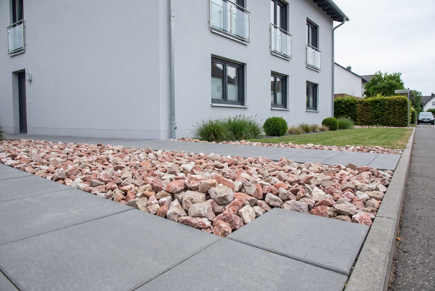 Alazana SS, 45-60 mm – Anwendungsbeispiel: im Zierkiesbeet am Haus
