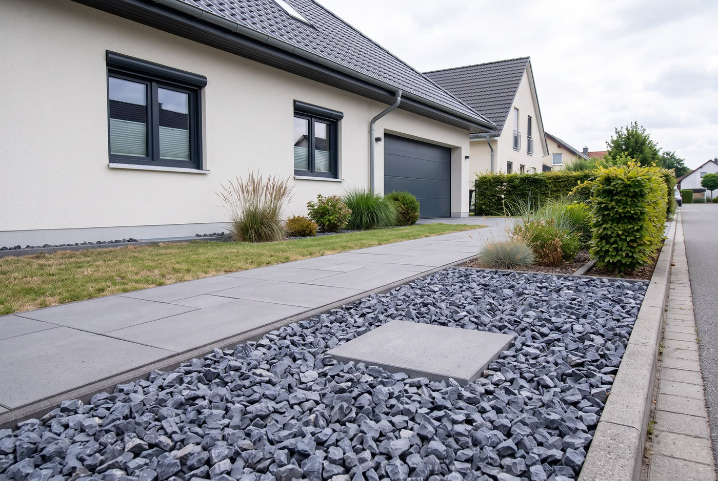 Alpenstein SS, 32-56 mm – Anwendungsbeispiel: im Zierkiesbeet am Haus