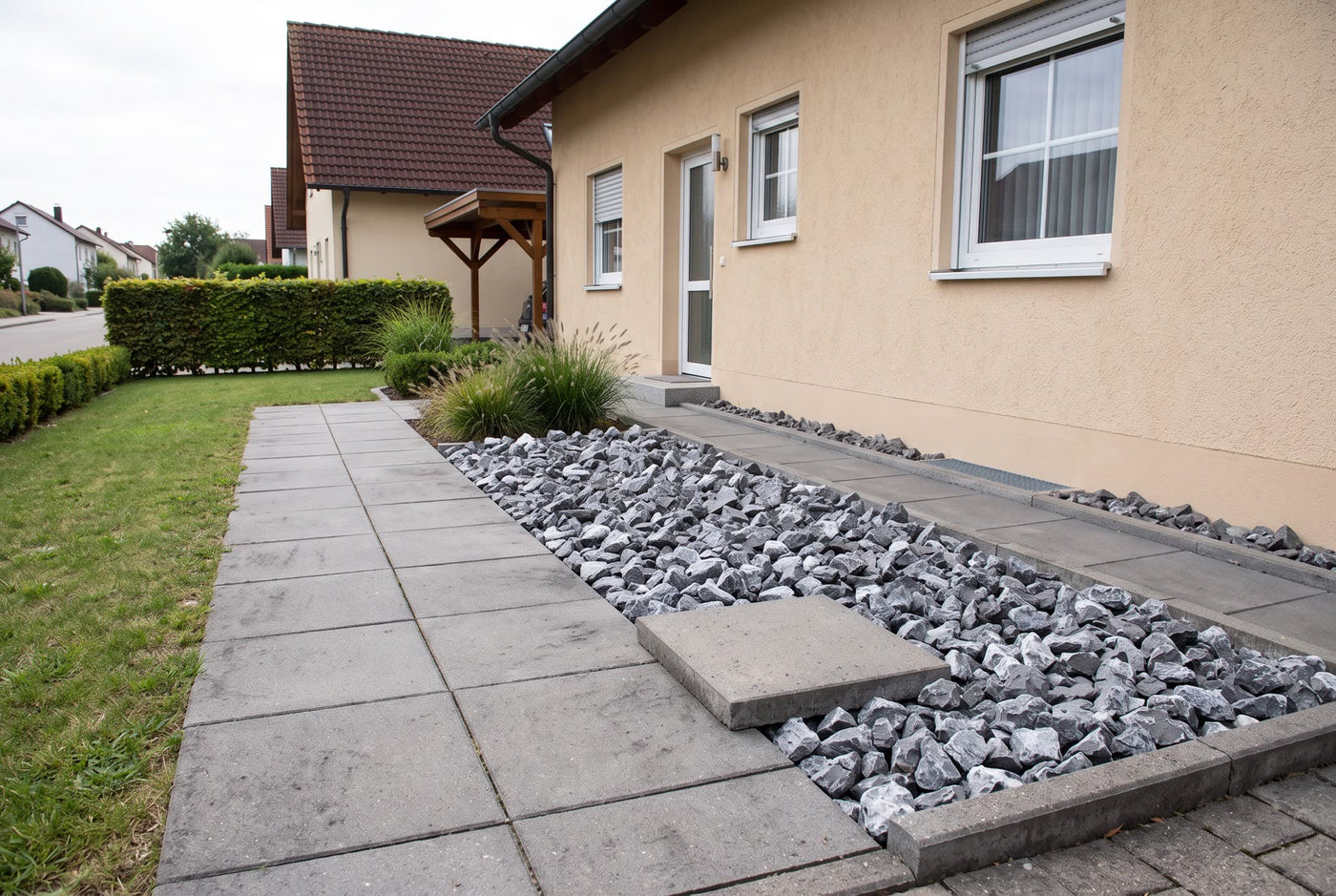 Alpin grau SS, 45-60 mm – Anwendungsbeispiel: im Zierkiesbeet am Haus