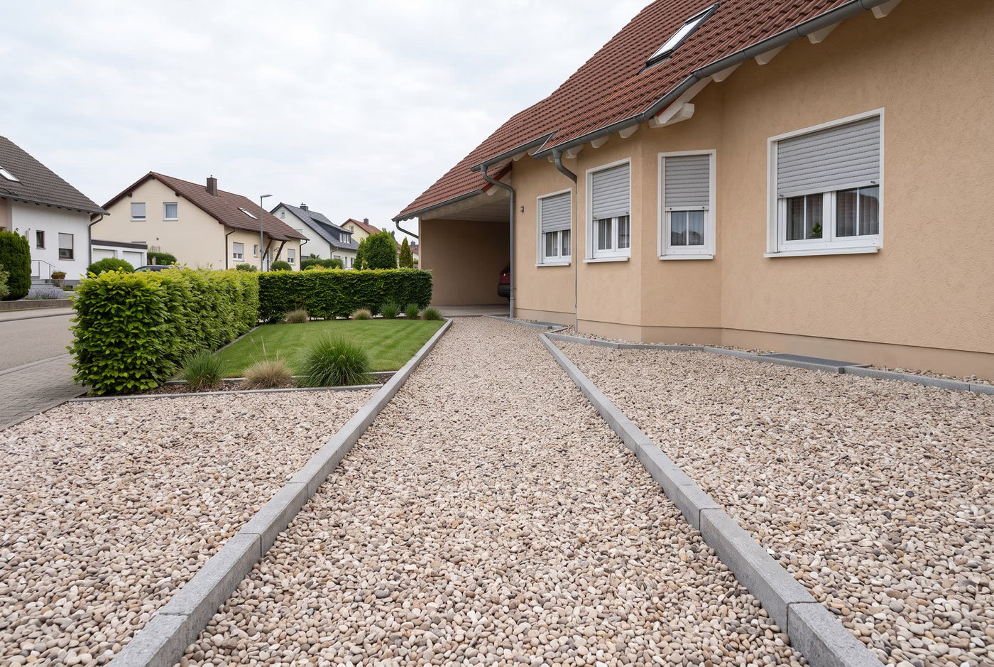 Amarelo Kies, 4-8 mm – Anwendungsbeispiel: als Einfahrt und Weg am Haus