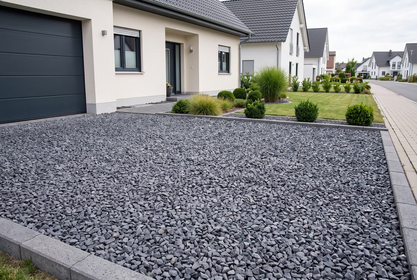 Basaltsplitt, 16-22 mm – Anwendungsbeispiel: als Einfahrt und Weg am Haus