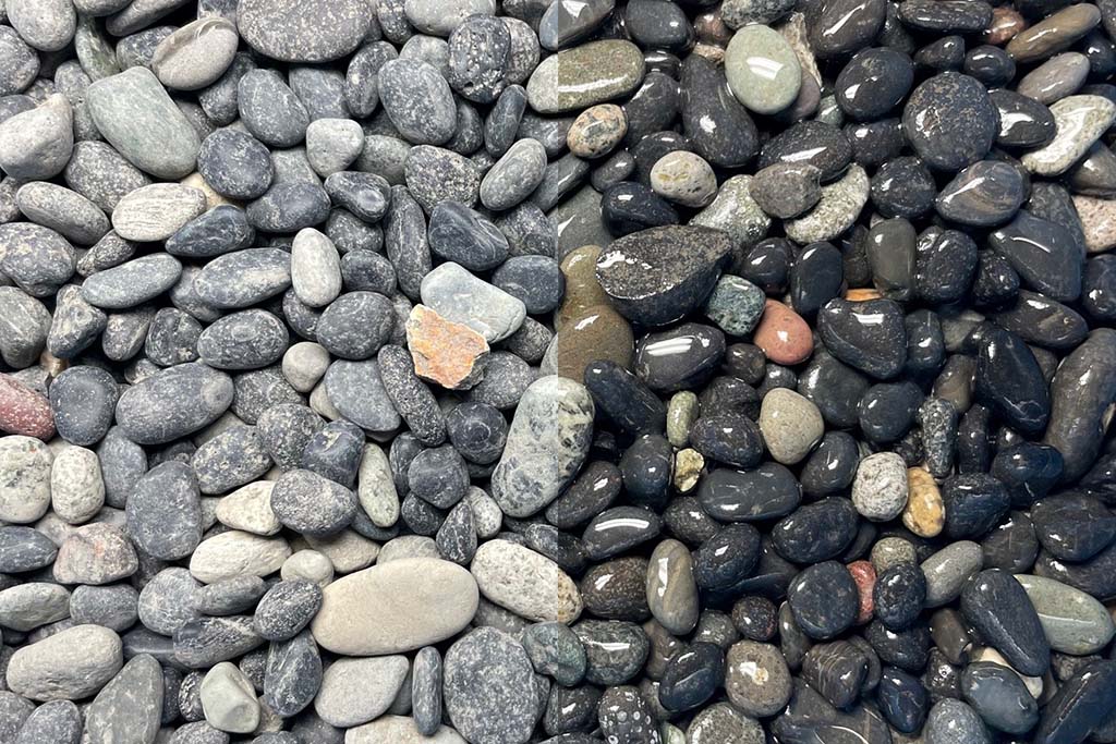 Basalt getrommelt 5-8 mm – Nahaufnahme trocken (links) und nass (rechts) im Vergleich