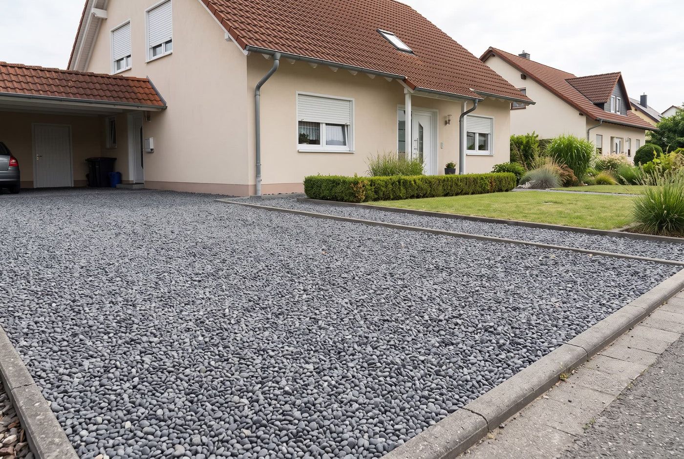 Basalt getrommelt, 5-8 mm – Anwendungsbeispiel: als Einfahrt und Weg am Haus