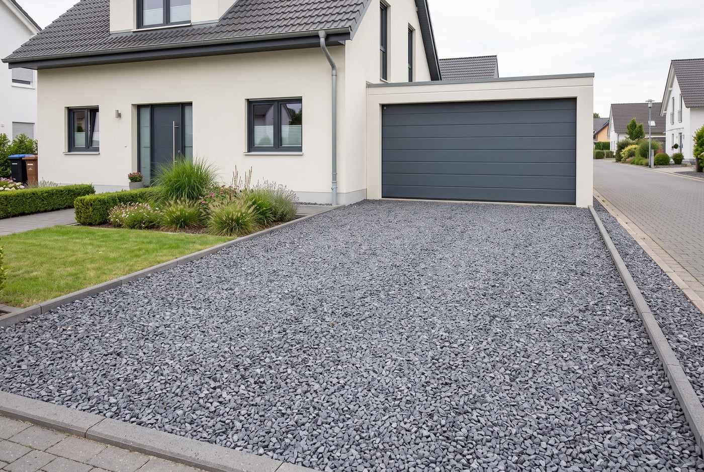 Basalt, 8-11 mm – Anwendungsbeispiel: als Einfahrt und Weg am Haus