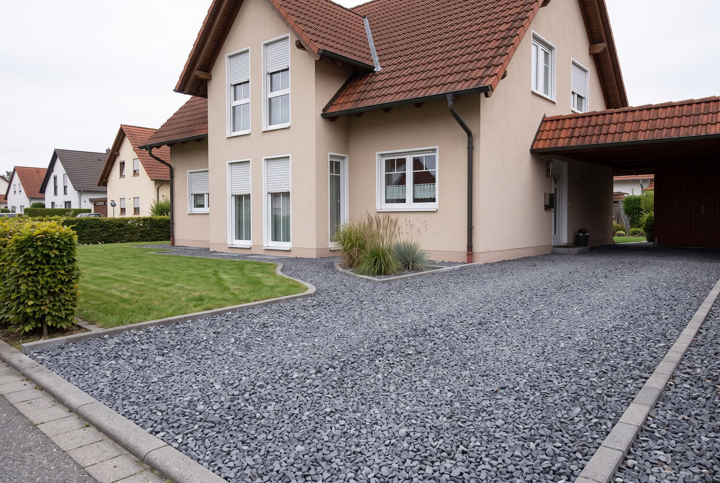 Basalt, 8-16 mm – Anwendungsbeispiel: als Einfahrt und Weg am Haus