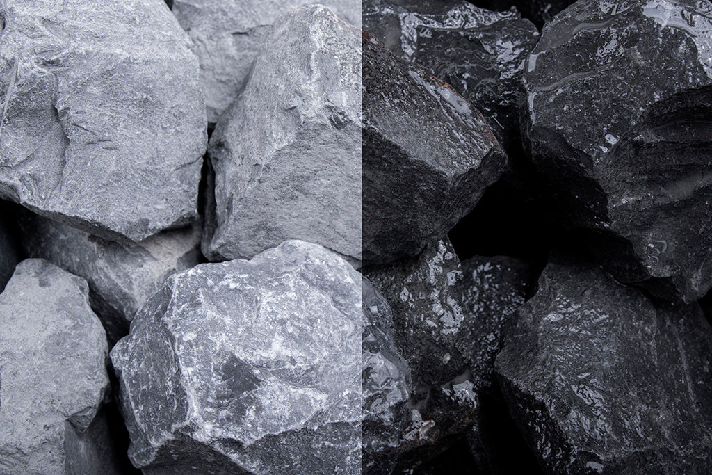 Basalt Stein SS 30-60 mm – Nahaufnahme trocken (links) und nass (rechts) im Vergleich