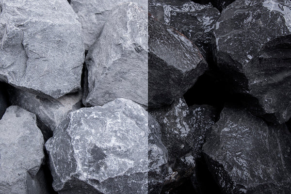 Basalt Stein SS 30-60 mm – Nahaufnahme trocken (links) und nass (rechts) im Vergleich