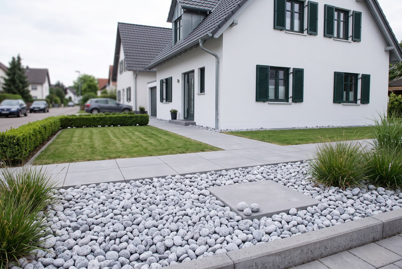 Beach Pebbles, 8-16 mm – Anwendungsbeispiel: als Einfahrt und Weg am Haus