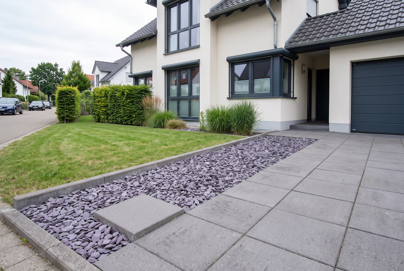 Canadian Slate lila, 30-60 mm – Anwendungsbeispiel: als Einfahrt und Weg am Haus