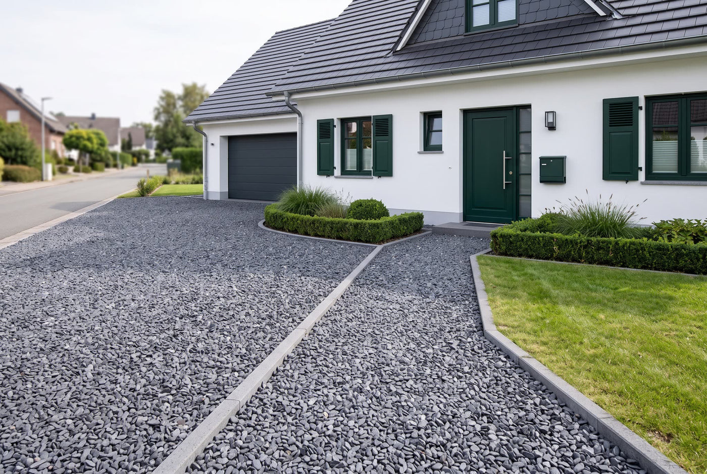 Canadian Slate schwarz getrommelt, 15-30 mm – Anwendungsbeispiel: als Einfahrt und Weg am Haus