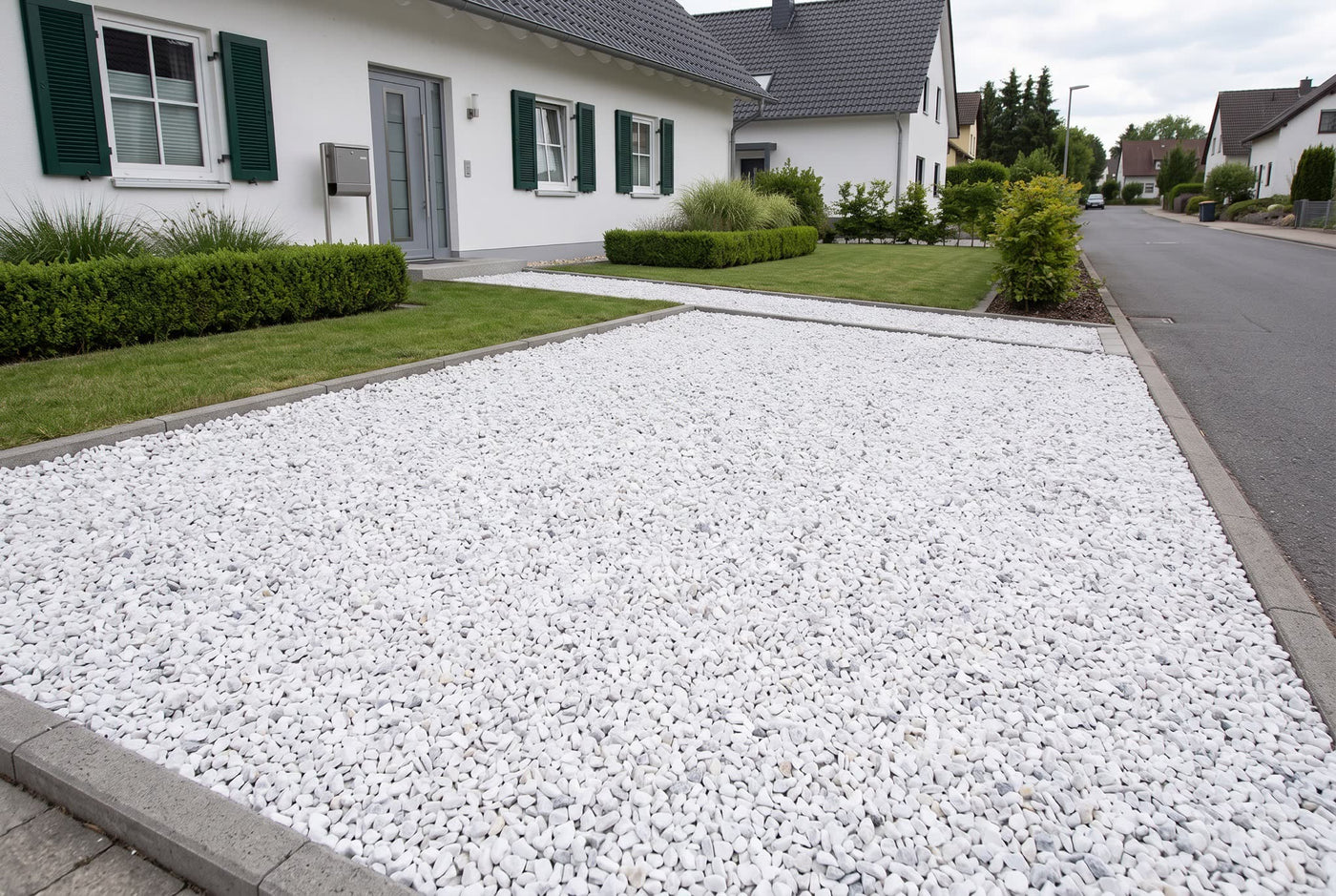 Carrara Splitt, 8-12 mm – Anwendungsbeispiel: als Einfahrt und Weg am Haus