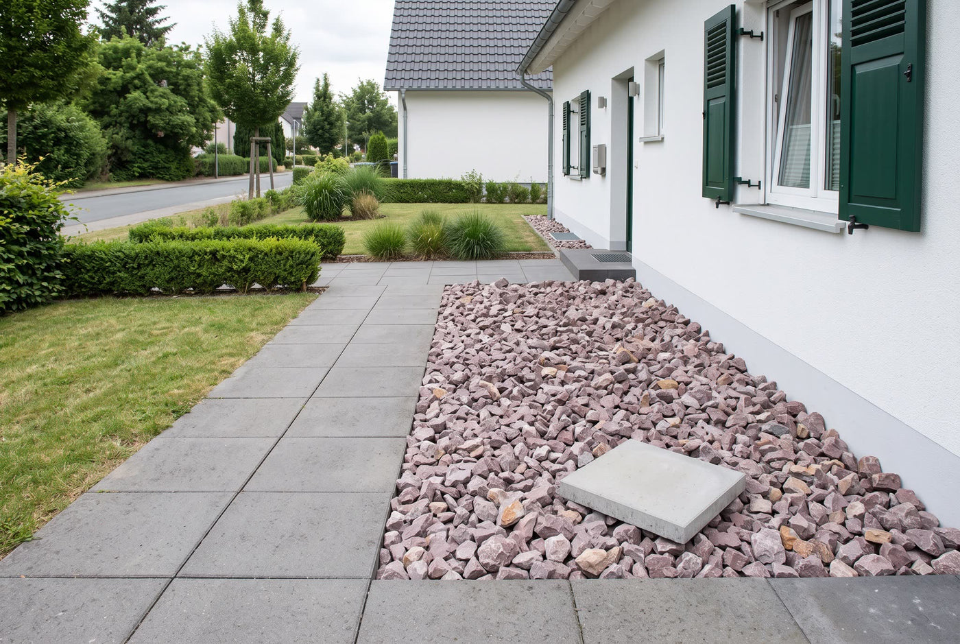 Classic Rocks SS, 40-60 mm – Anwendungsbeispiel: im Zierkiesbeet am Haus