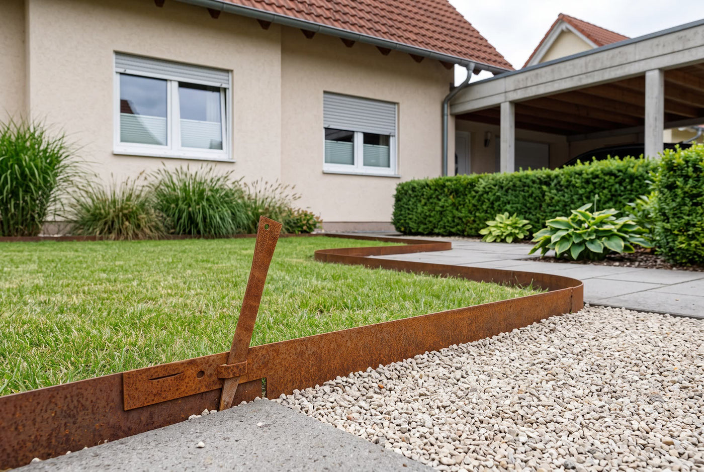 COL-MET 3mm, unbeschichtet (Cor-ten Stahl) – Anwendungsbeispiel: als Einfahrt und Weg am Haus
