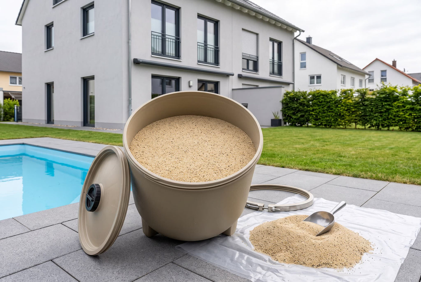 Filtersand Pool Kristall-Quarzsand 0,40-0,80 mm DIN EN 12904 – Anwendungsbeispiel: im Sandfilter am Pool