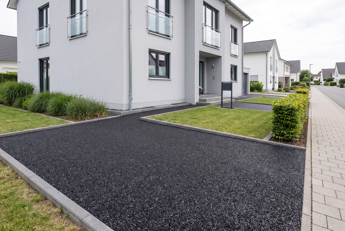 Glanzsplitt schwarz, 1-3 mm – Anwendungsbeispiel: als Einfahrt und Weg am Haus