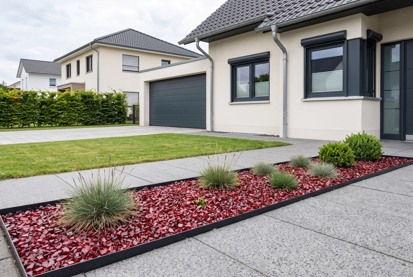 Glassplitt Red, 5-10 mm – Anwendungsbeispiel: im Zierkiesbeet am Haus
