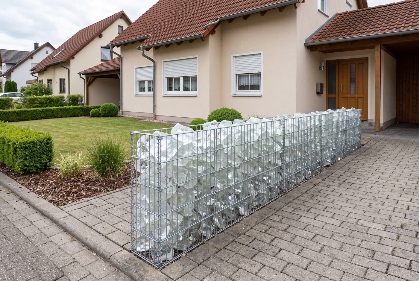Glas Clear GS, 50-120 mm – Anwendungsbeispiel: in einer Gabionenwand