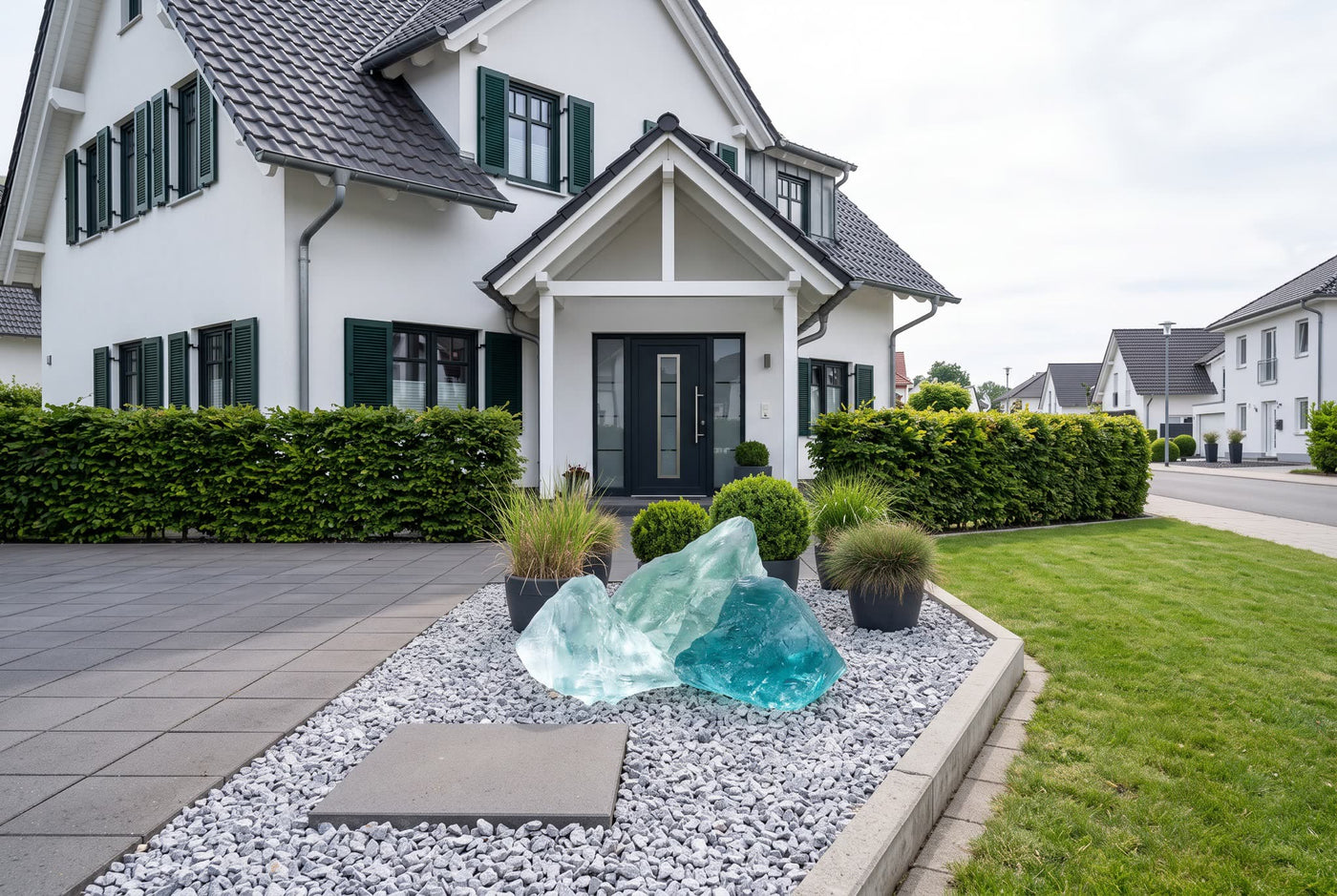 Glas Turquoise, 100-300 mm – Anwendungsbeispiel: als Einfahrt und Weg am Haus