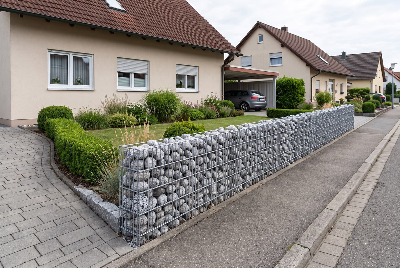 Gletscherballs Granit , 50-100 mm – Anwendungsbeispiel: in einer Gabionenwand