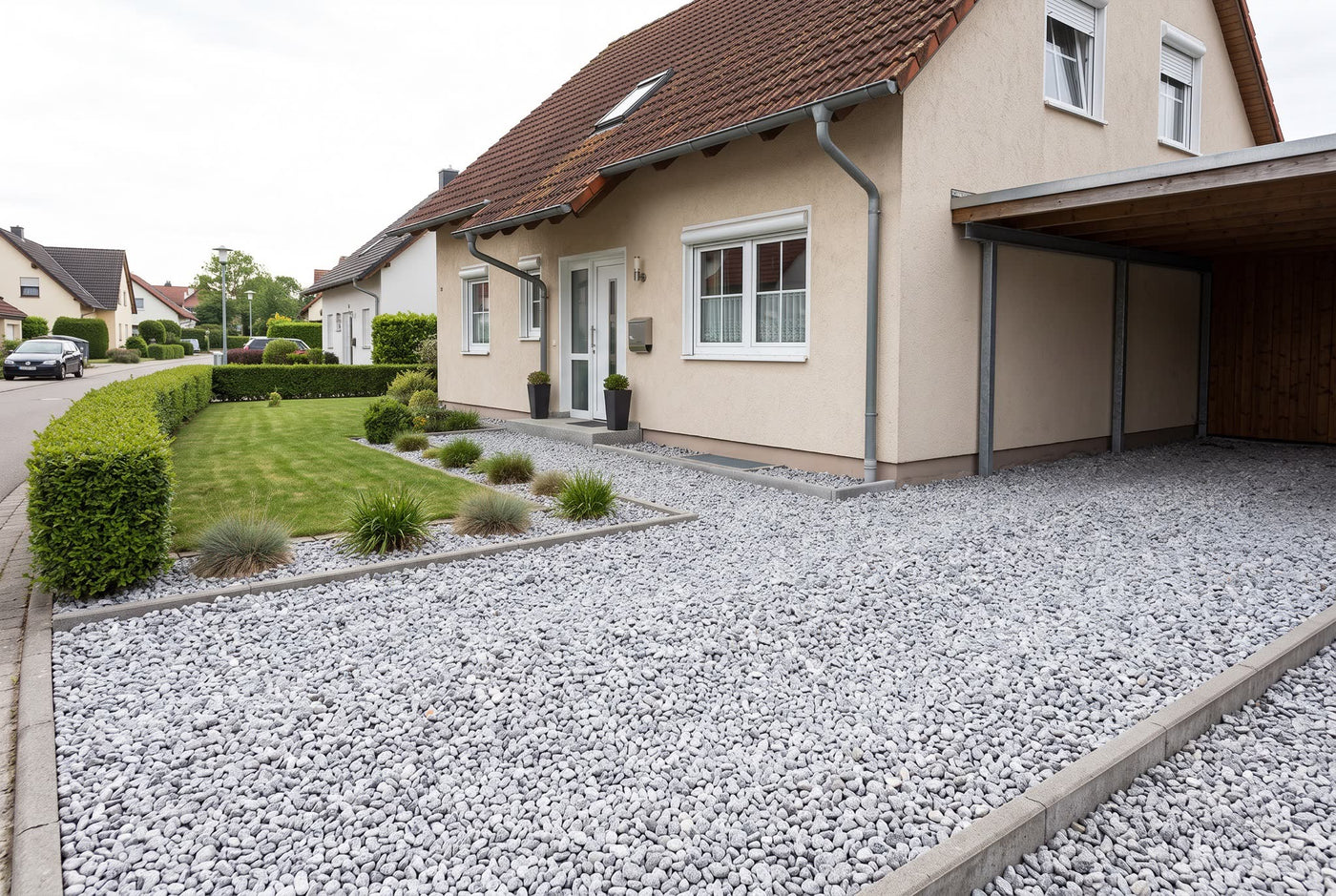 Gletscherkies Granit 10-20 mm – Anwendungsbeispiel: als Einfahrt und Weg am Haus
