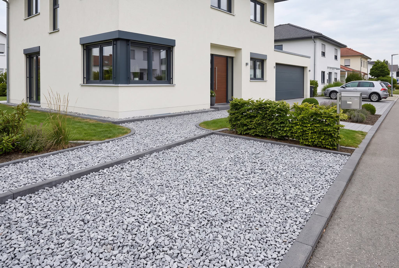 Granit Grau, 16-22 mm – Anwendungsbeispiel: als Einfahrt und Weg am Haus