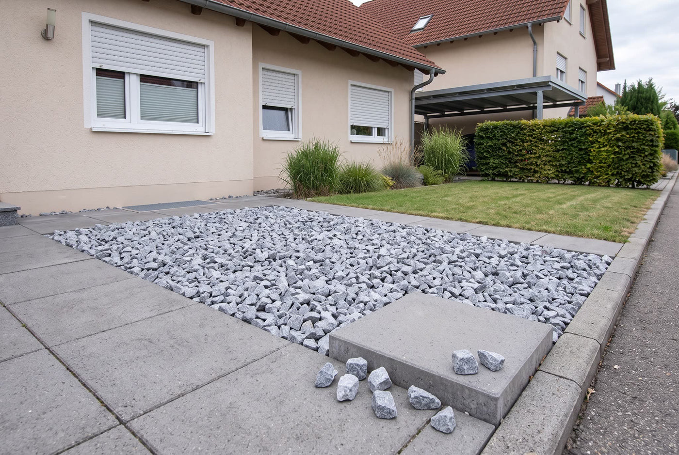Granit Grau SS, 32-56 mm – Anwendungsbeispiel: im Zierkiesbeet am Haus