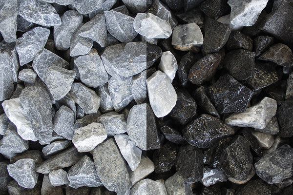 Ice Mix 16-32 mm – Nahaufnahme trocken (links) und nass (rechts) im Vergleich