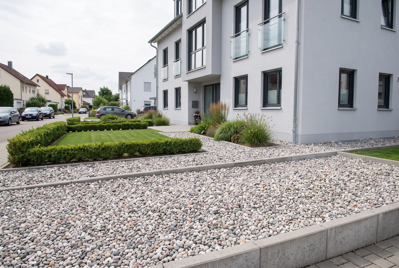 Kieselsteine, 8-16 mm – Anwendungsbeispiel: als Einfahrt und Weg am Haus