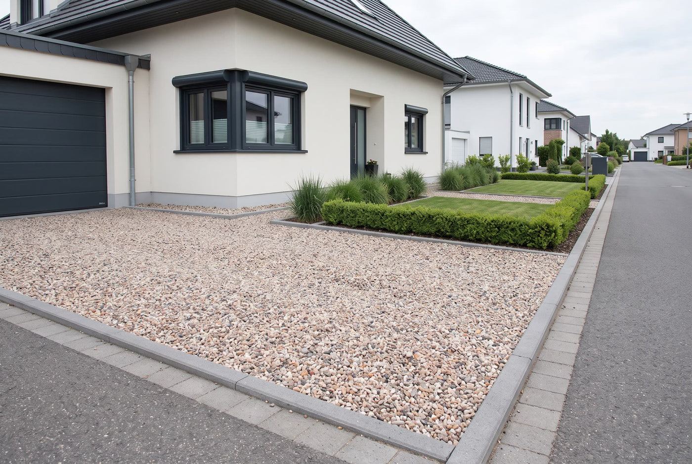 Kieselsteine, 2-8 mm – Anwendungsbeispiel: als Einfahrt und Weg am Haus