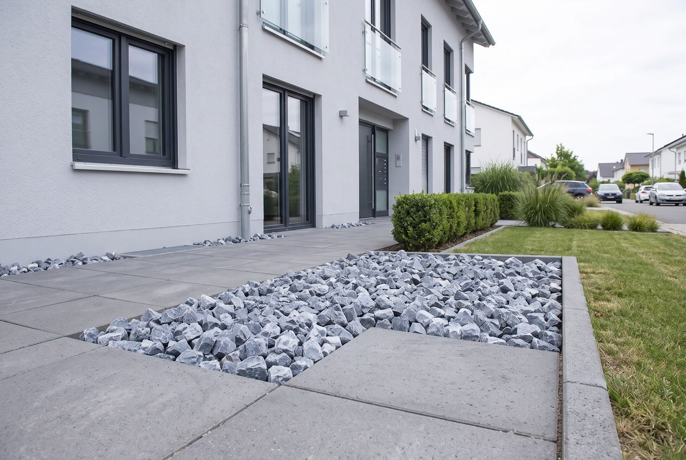 Kristall Blau SS, 30-60 mm – Anwendungsbeispiel: im Zierkiesbeet am Haus