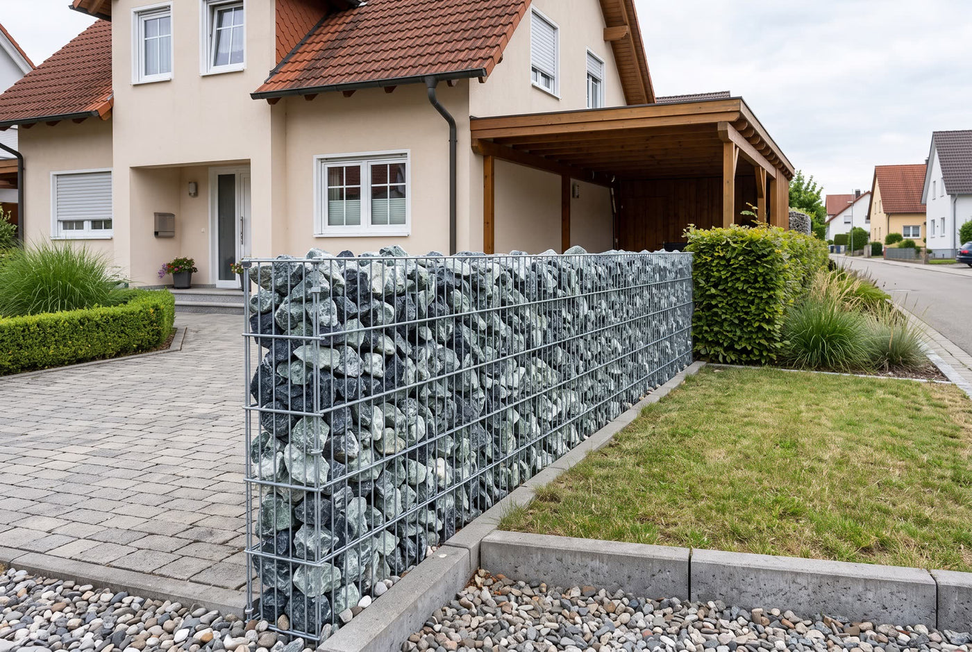 Marmor Grün GS, 80-150 mm – Anwendungsbeispiel: in einer Gabionenwand