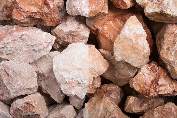 Marmor Orange SS 30-60 mm – Nahaufnahme trocken (links) und nass (rechts) im Vergleich
