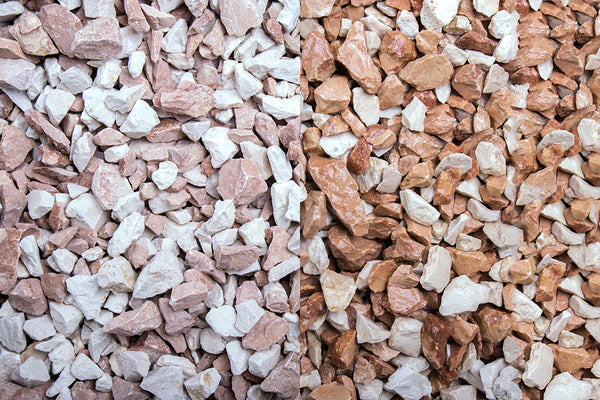 Mediterran Splitt 8-12 mm – Nahaufnahme trocken (links) und nass (rechts) im Vergleich