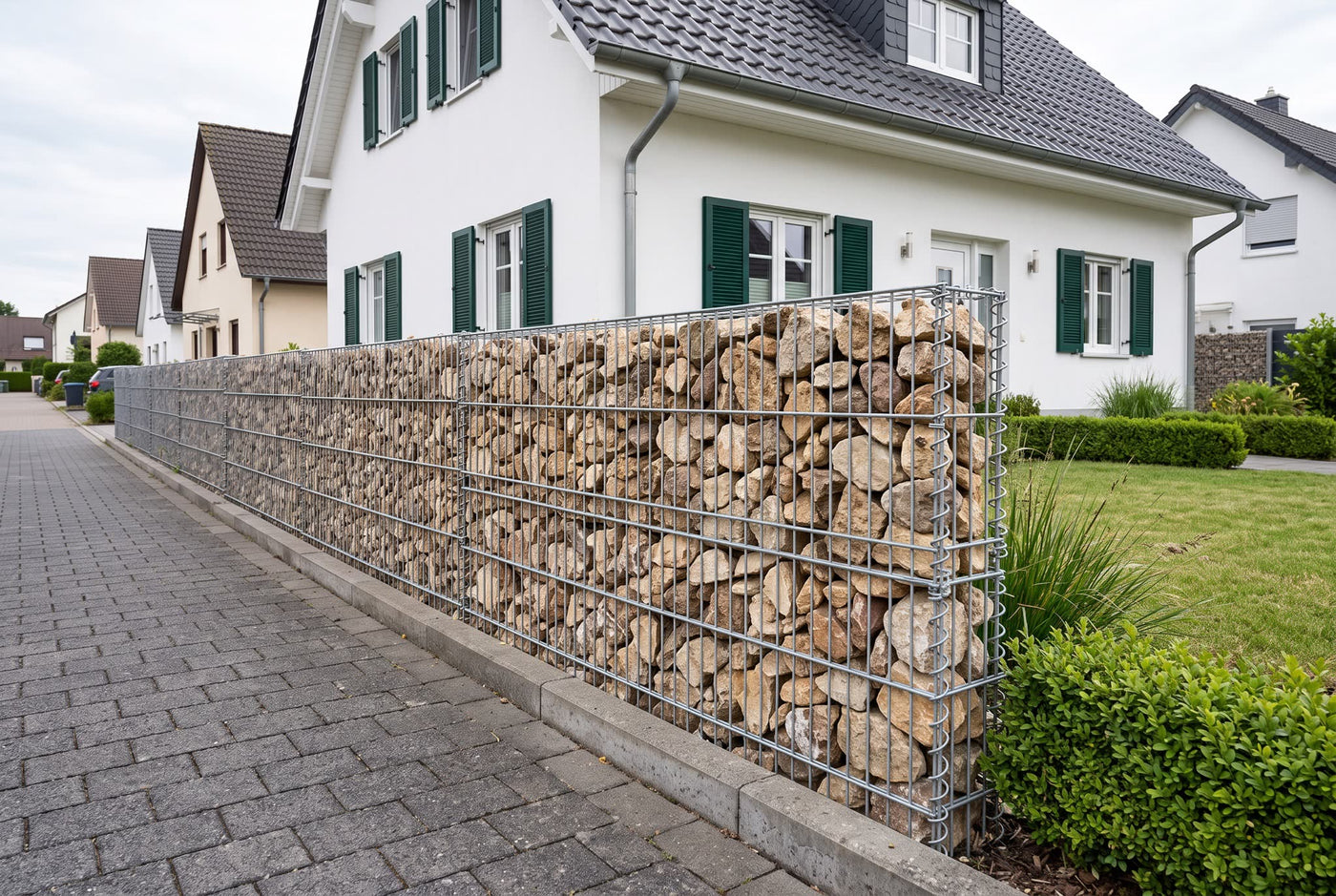 Muschelkalk Gabionensteine, 60-120 mm – Anwendungsbeispiel: in einer Gabionenwand