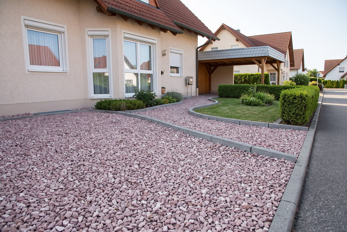 Savannen Splitt, 16-32 mm – Anwendungsbeispiel: als Einfahrt und Weg am Haus