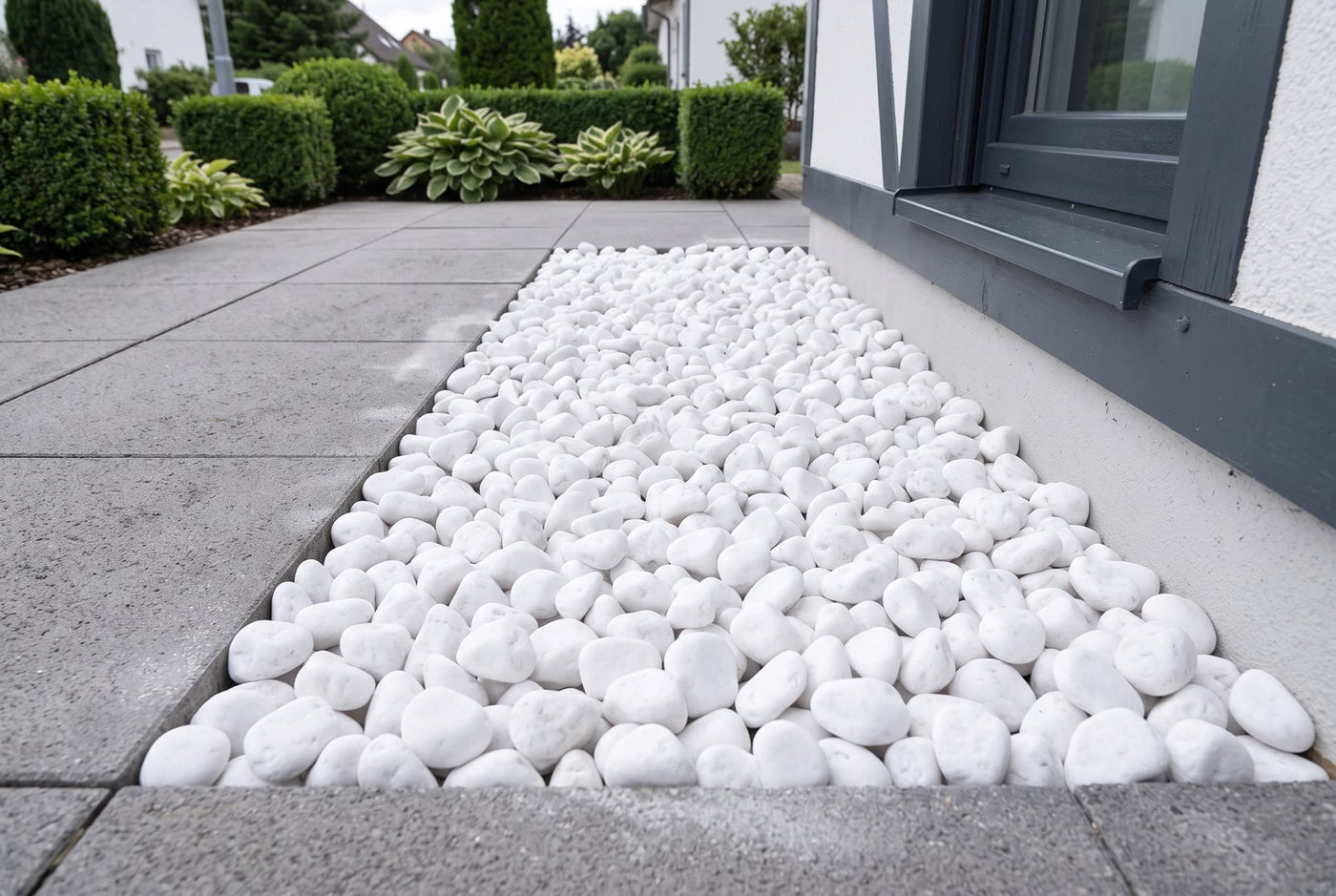 Schneeweiss getrommelt, 25-40 mm – Anwendungsbeispiel: als Einfahrt und Weg am Haus