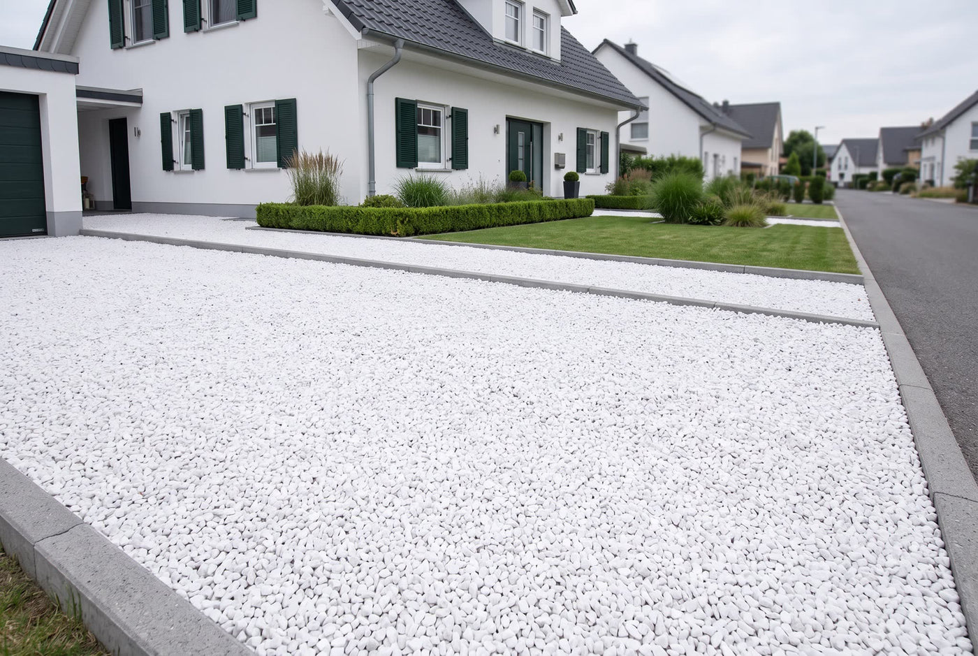Schneeweiss, 8-12 mm – Anwendungsbeispiel: als Einfahrt und Weg am Haus