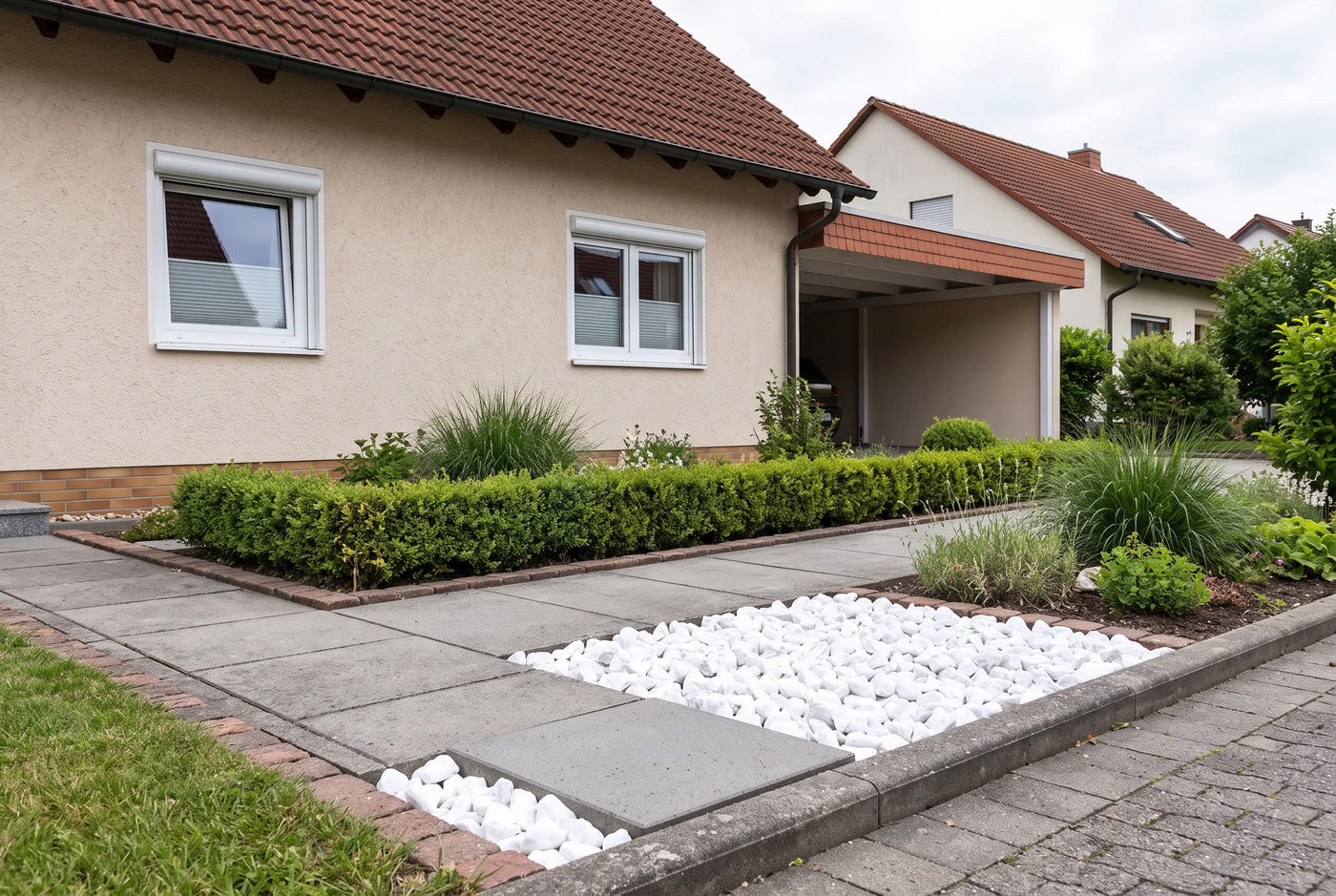 Schneeweiss SS, 40-80 mm – Anwendungsbeispiel: im Zierkiesbeet am Haus