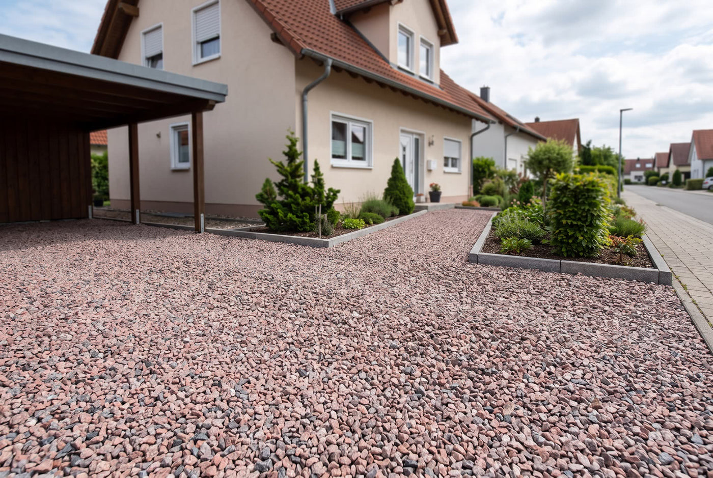 Schottischer Granit, 8-16 mm – Anwendungsbeispiel: als Einfahrt und Weg am Haus