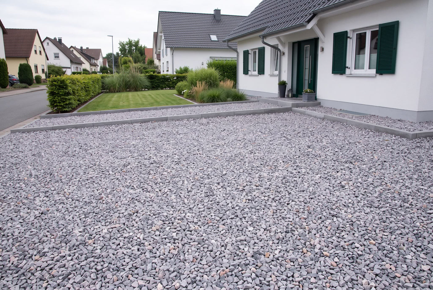 Vogesen Splitt, 8-16 mm – Anwendungsbeispiel: als Einfahrt und Weg am Haus