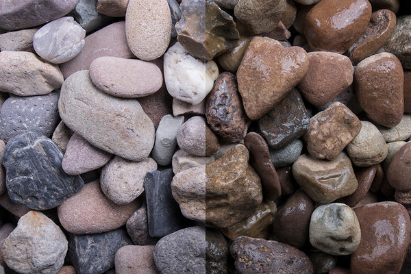 Weserkies 16–32 mm – Nahaufnahme trocken (links) und nass (rechts) im Vergleich