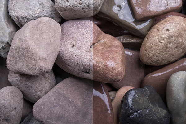 Weserkies 32-80 mm – Nahaufnahme trocken (links) und nass (rechts) im Vergleich
