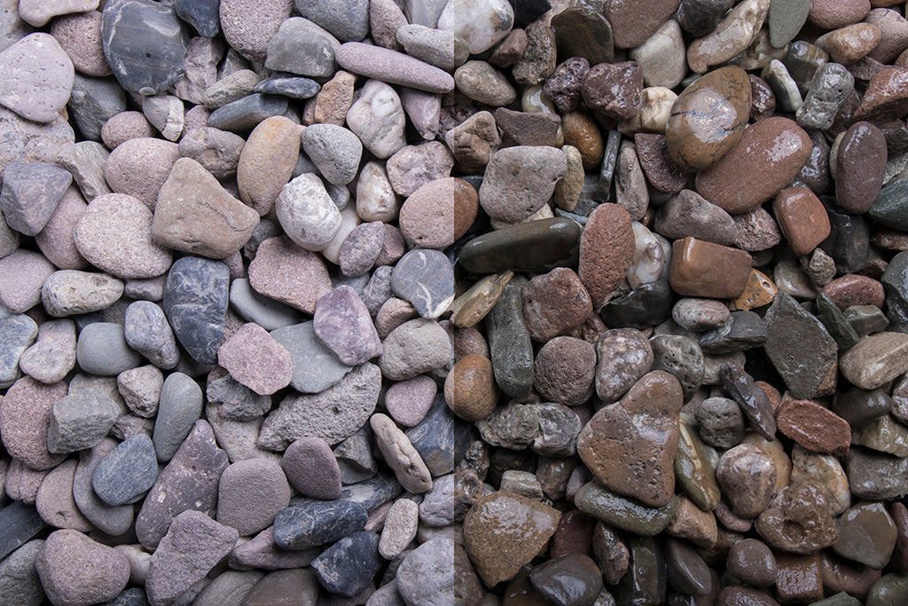 Weserkies 8-16 mm – Nahaufnahme trocken (links) und nass (rechts) im Vergleich