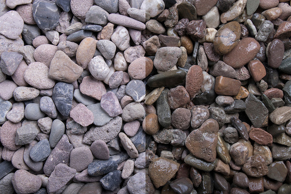 Weserkies 8-16 mm – Nahaufnahme trocken (links) und nass (rechts) im Vergleich
